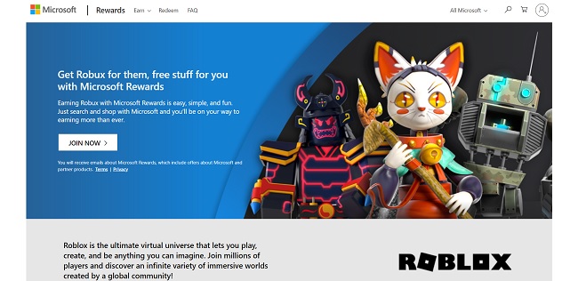 Microsoft rewards Robux home page