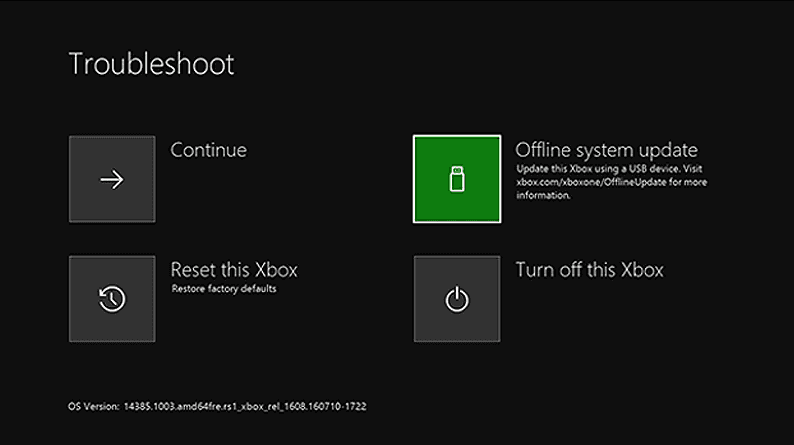 Xbox One troubleshoot screen on startup