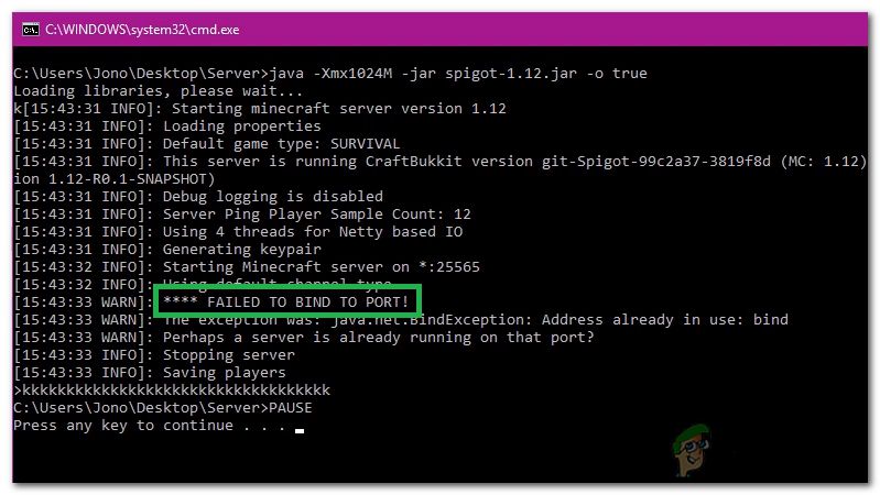 Minecraft “Failed to bind to port” error