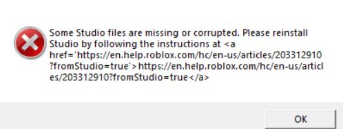 “Some Studio files are missing or corrupted” in Roblox
