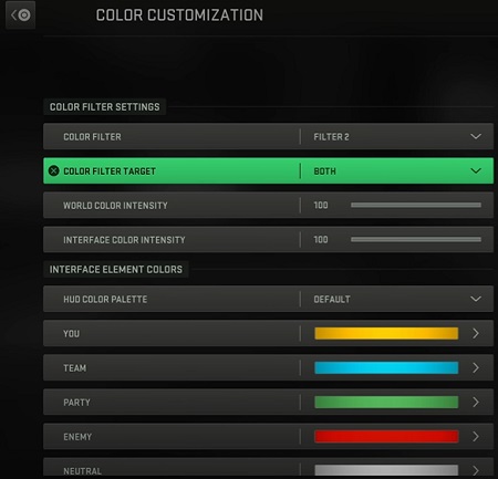 Color Customization Settings in Modern Warfare 2