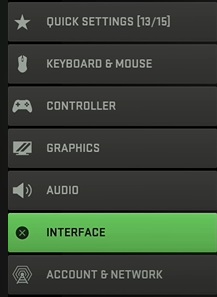 Interface tab in Settings Modern Warfare 2