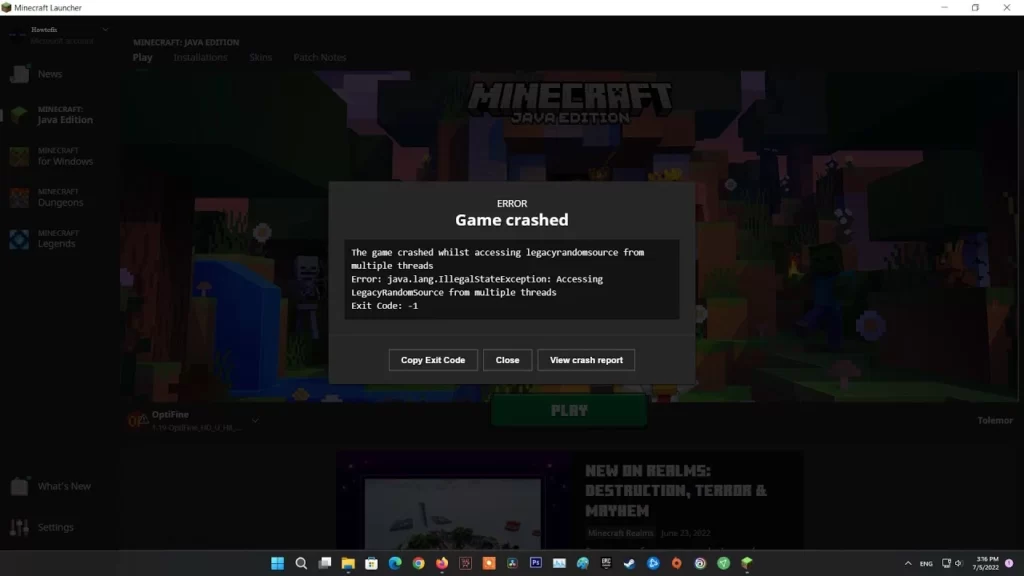 Minecraft exit code negative 1