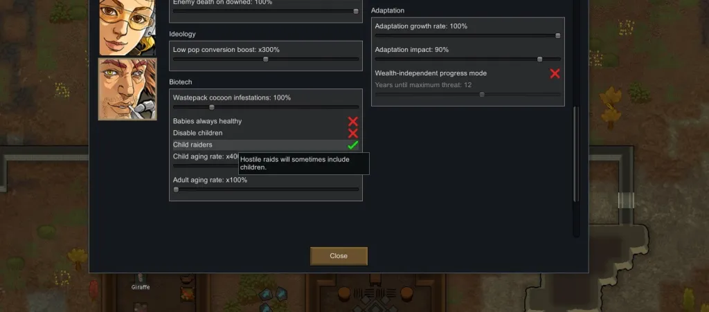 How to disable children in RimWorld