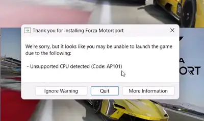 Forza Motorsport “Unsupported CPU Detected Code AP101” error