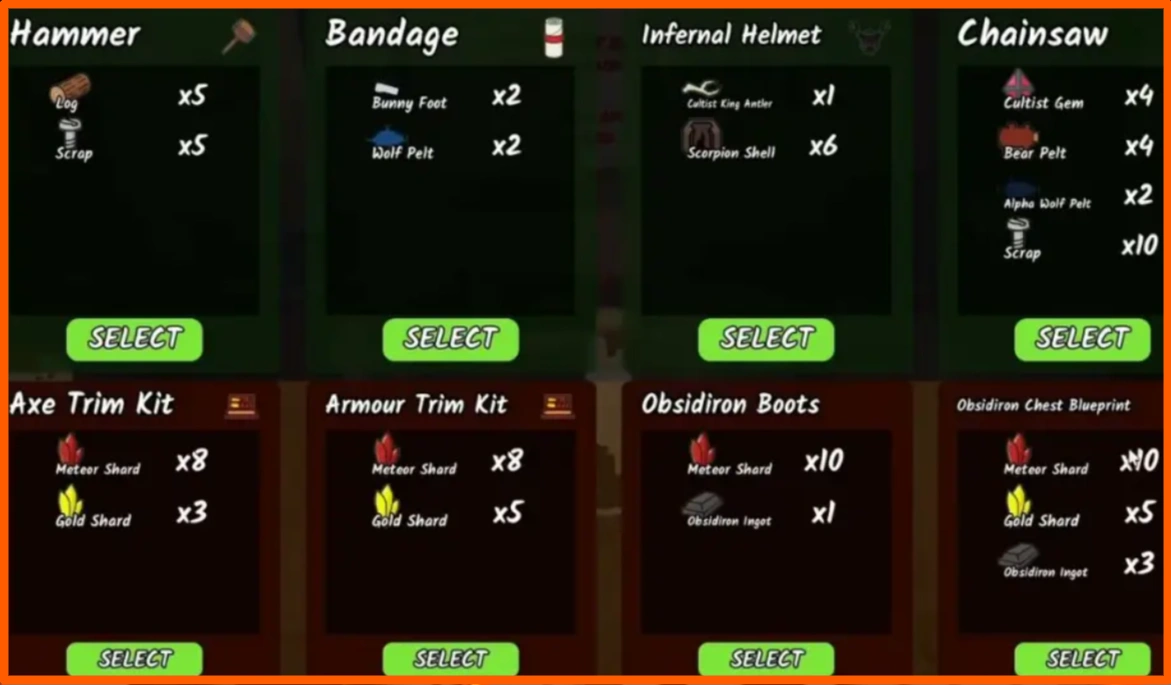 All Meteor Anvil Crafting Recipes in 99 Nights in the Forest