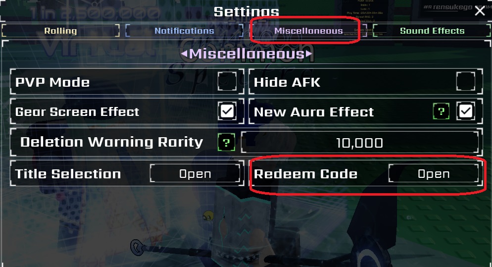 reedem sol's RNG code settings